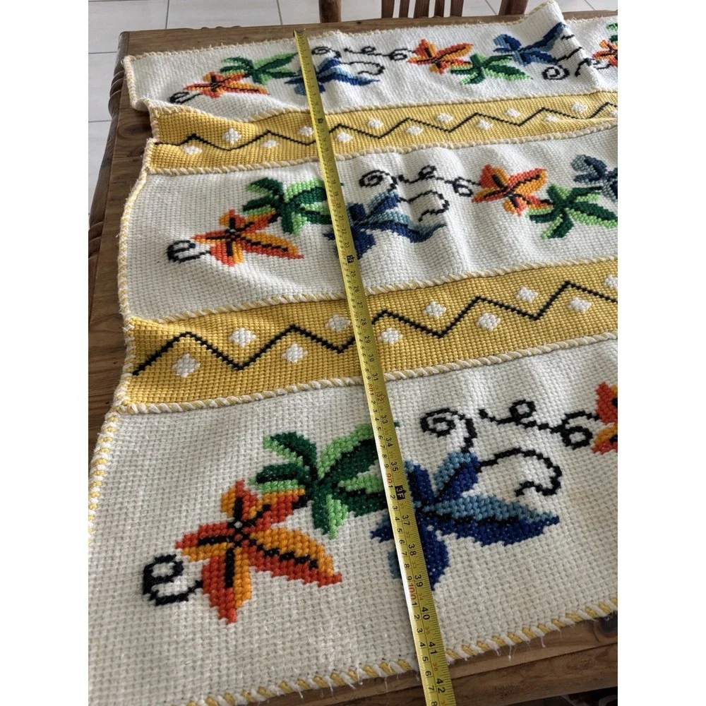 Vintage Hand Needlepoint Floral Afghan Cottagecore Farmhouse Wall Art 42x62